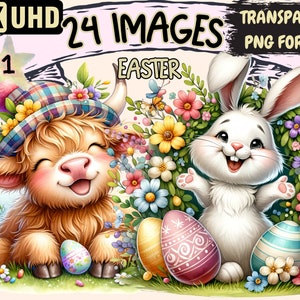 Easter Clipart - 24 PNG Adorable Festive Easter Graphics, Cute Spring Animals Printables, Instant Digital Download, Unlimited Commercial Use