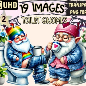Toilet Gnomes (P2) Clipart - 19 PNG Humorous Gnome Illustrations, Bathroom Art, Instant Digital Download, Unlimited Commercial Use Crafts