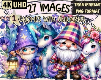 Gnomes with Unicorns Clipart – 27 PNG Magical Graphics (Digital Download)