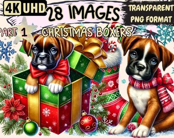 Christmas Boxer Dog Clipart – Festive Holiday Illustrations (PNG Digital Download)
