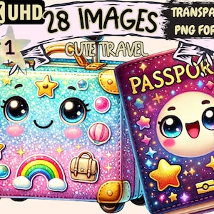 Cute Travel Clipart - 28 PNG Adorable Vacation Illustrations, Journey Art, Instant Digital Download, Unlimited Commercial Use for Crafts