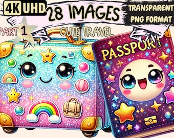 Cute Travel Clipart - 28 PNG Adorable Vacation Illustrations, Journey Art, Instant Digital Download, Unlimited Commercial Use for Crafts