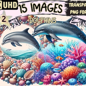 Dolphins (P2) Clipart - 15 PNG Ocean-Themed Dolphin Illustrations, Marine Life Art, Instant Digital Download, Unlimited Commercial Use Craft