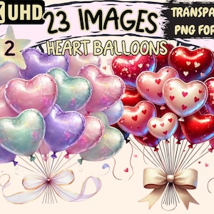 Heart Balloons (P2) Clipart - 23 PNG Valentine's Balloon Illustrations, Romantic Art, Instant Digital Download, Unlimited Commercial Use