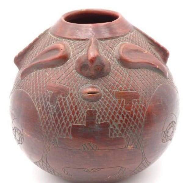 Vintage Marajoara Pottery Face Vase Vessel Made By Natives 3D Ornate Terra Cotta