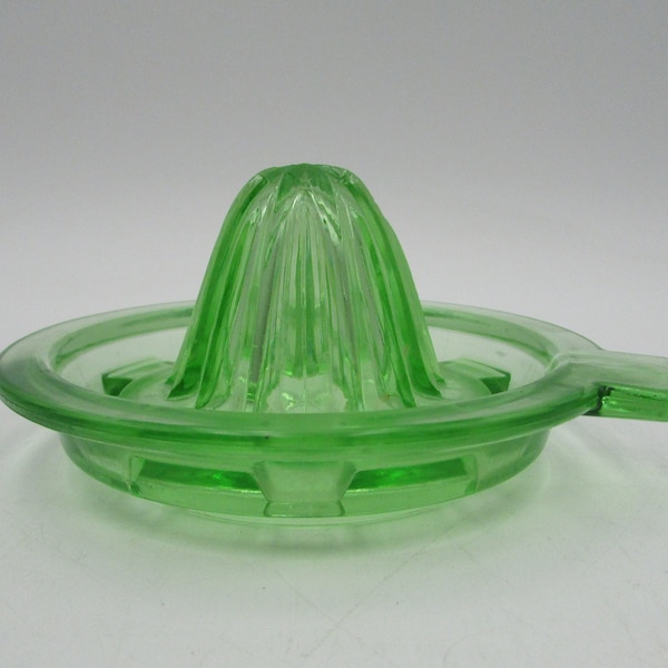 Vintage Uranium Green Depression Glass Citrus Juicer Tab Handle Glows