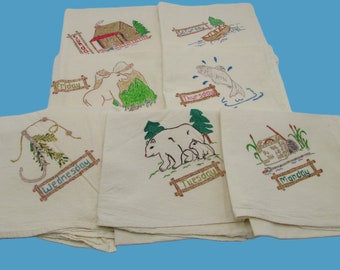 Vintage Flour Sack Linen Seven Handmade Hand Painted Kitchen Towels Days Of The Week