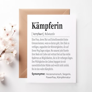 Karte zum download "Kämpferin", Mutmacher Karte, Aufmunterung, Hoffnung geben, Neuanfang, Trost spenden, Trostkarte, Diagnose, Trennung