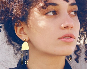 Large gold statement earrings mobile earrings big bold abstract geometric earrings matte black earrings brass jewelry oversized - Coretta