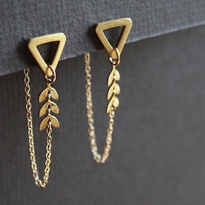 Front back earrings, double sided earring, geometric triangle studs, modern ear jacket, long gold chain unusual earrings, brass jewelry-Mara