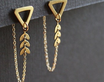 Front back earrings, double sided earring, geometric triangle studs, modern ear jacket, long gold chain unusual earrings, brass jewelry-Mara