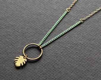 Botanical monstera necklace, brass charm leaf pendant, swiss cheese interior plant lover gift, gold and mint green enamel chain - Monstera