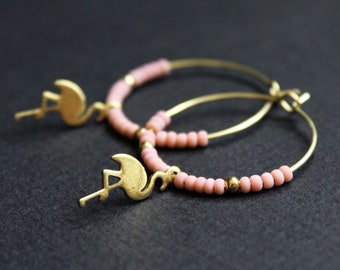 Flamingo earrings beaded hoop earrings with charm pink small seed bead earrings medium gold hoop earrings brass jewelry golden hoops beach