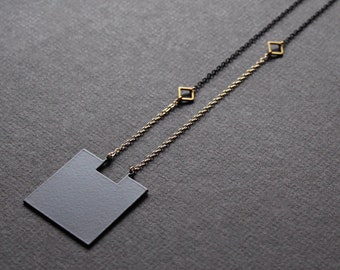 Square medallion necklace geometric necklace long necklaces for women asymmetric necklace brass jewelry large black pendant necklace - Bobbi