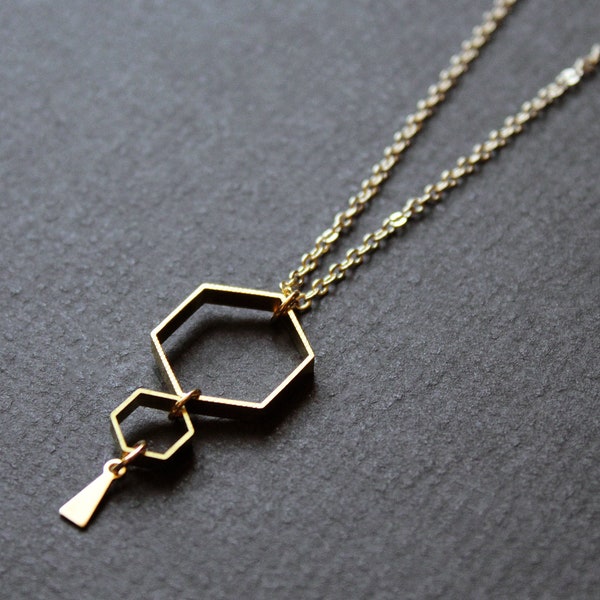 Long geometric necklace hexagon necklace gold honey comb honey bee necklace beekeeper gift brass jewelry birthday gifts for women - Ruche N