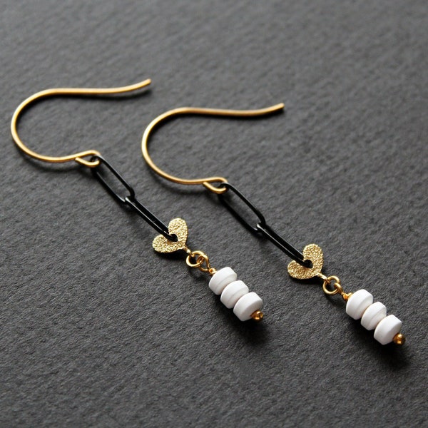 White magnesite heart earrings, gold and black chain link earrings, unique modern super long earrings, romantic gift brass jewelry - Agape