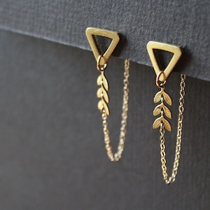 Front back earrings, double sided earring, geometric triangle studs, modern ear jacket, long gold chain unusual earrings, brass jewelry-Mara image 1