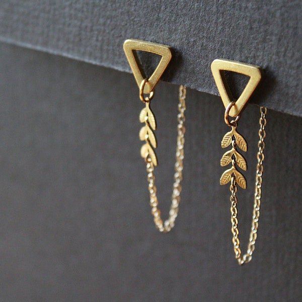 Front back earrings, double sided earring, geometric triangle studs, modern ear jacket, long gold chain unusual earrings, brass jewelry-Mara