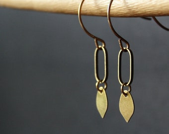 Gold leaf earrings botanical earrings dainty minimalist dangle earrings geometric oval art deco earrings delicate lightweight brass -Petiole