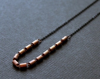 Two tone necklace long copper necklace black chain necklace for women dainty tube necklace geometric jewelry gift minimalist necklace-Cooper