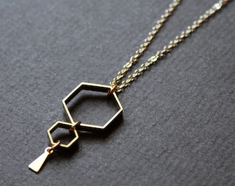 Long geometric necklace hexagon necklace gold honey comb honey bee necklace beekeeper gift brass jewelry birthday gifts for women - Ruche N