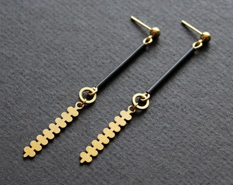 Brass geometric botanical earrings, modern branch long leaf earrings, gold and black tube bar post earrings edgy contemporary jewelry-Farley