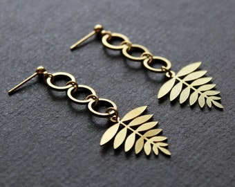 Long dangle botanical earrings, brass tropical metal leaf earrings, gold fern post earrings, plant earrings stud, circle earrings - Lamina