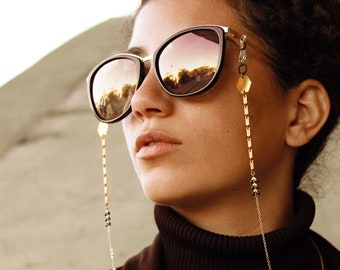 Eyeglass chain for women sunglasses cord glasses chain sunglass holder brass jewelry black gold lanyard eye reading glasses strap - Paulina