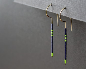 Linear long bar beaded earrings, navy blue and neon green seed bead earrings, minimalist geometric modern open brass hoops, 80s colors -Loop