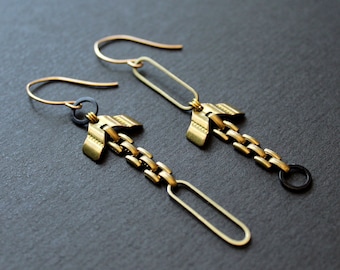 Mismatched earrings asymmetrical earrings abstract earrings geometric statement brass jewelry long chunky chain gold chevron bold - Velma