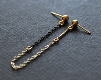 Double piercing earring connected earrings double lobe earring chain link earrings unusual earrings long stud earrings gold and black -Palua