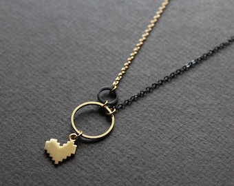 Brass pixel heart necklace, geometric pixel art pendant metal charm, gold and black chain asymmetric short necklace gamer gift for her -Kora