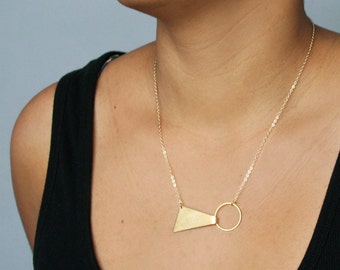 Gold geometric necklace short triangle necklace circle minimalist jewelry brass pendant necklace for women modern bow tie - Tegan Necklace