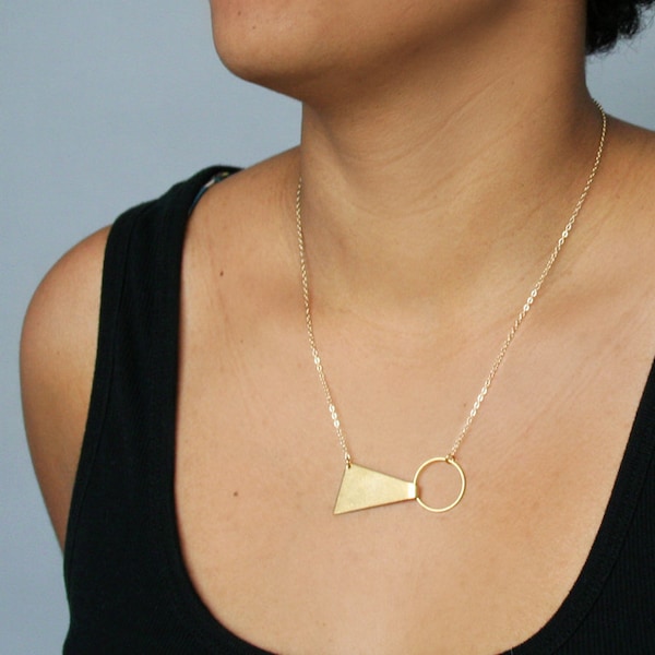 Gold geometric necklace short triangle necklace circle minimalist jewelry brass pendant necklace for women modern bow tie - Tegan Necklace