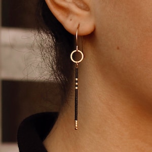 Matte black and gold beaded earrings, thin linear long bar seed bead earrings, geometric round circle, minimal modern brass earrings -Larna