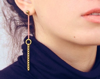 Linear drop earrings long chain earrings gold chain link earrings brass jewelry long stud earrings modern pink dangle geometric -JillianPink