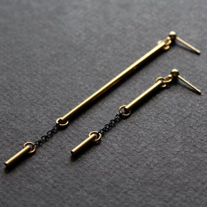 Mismatched earrings, asymmetrical solid brass bar earrings, black and gold long tube stud earrings, contemporary modern edgy earrings Rift image 6