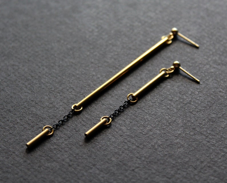 Mismatched earrings, asymmetrical solid brass bar earrings, black and gold long tube stud earrings, contemporary modern edgy earrings Rift image 6