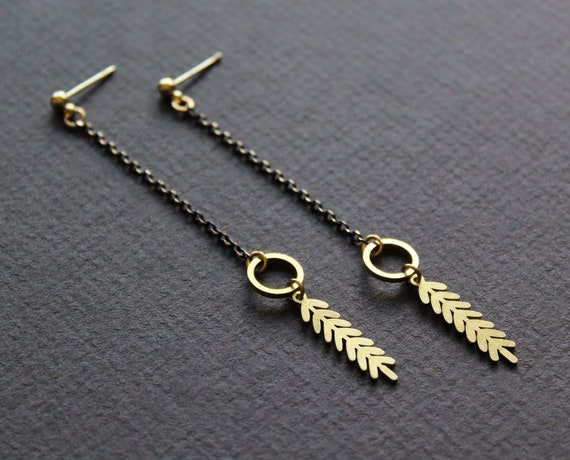 Botanical brass gold and black metal leaf earrings, dainty linear dangle long chain earrings, nature flora leaves fern studs drop - Twig