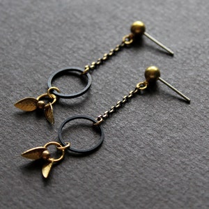 Black dangle earrings open circle earrings gold leaf drop earrings long stud earrings brass earrings chain earrings nature jewelry Valda image 1