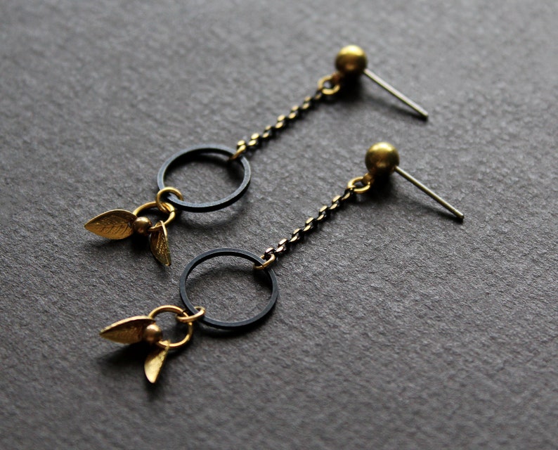 Black dangle earrings open circle earrings gold leaf drop earrings long stud earrings brass earrings chain earrings nature jewelry Valda image 1