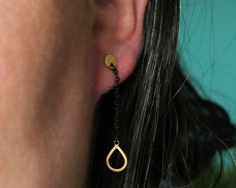 Black and Gold Teardrop Stud Earrings, Brass Asymmetrical