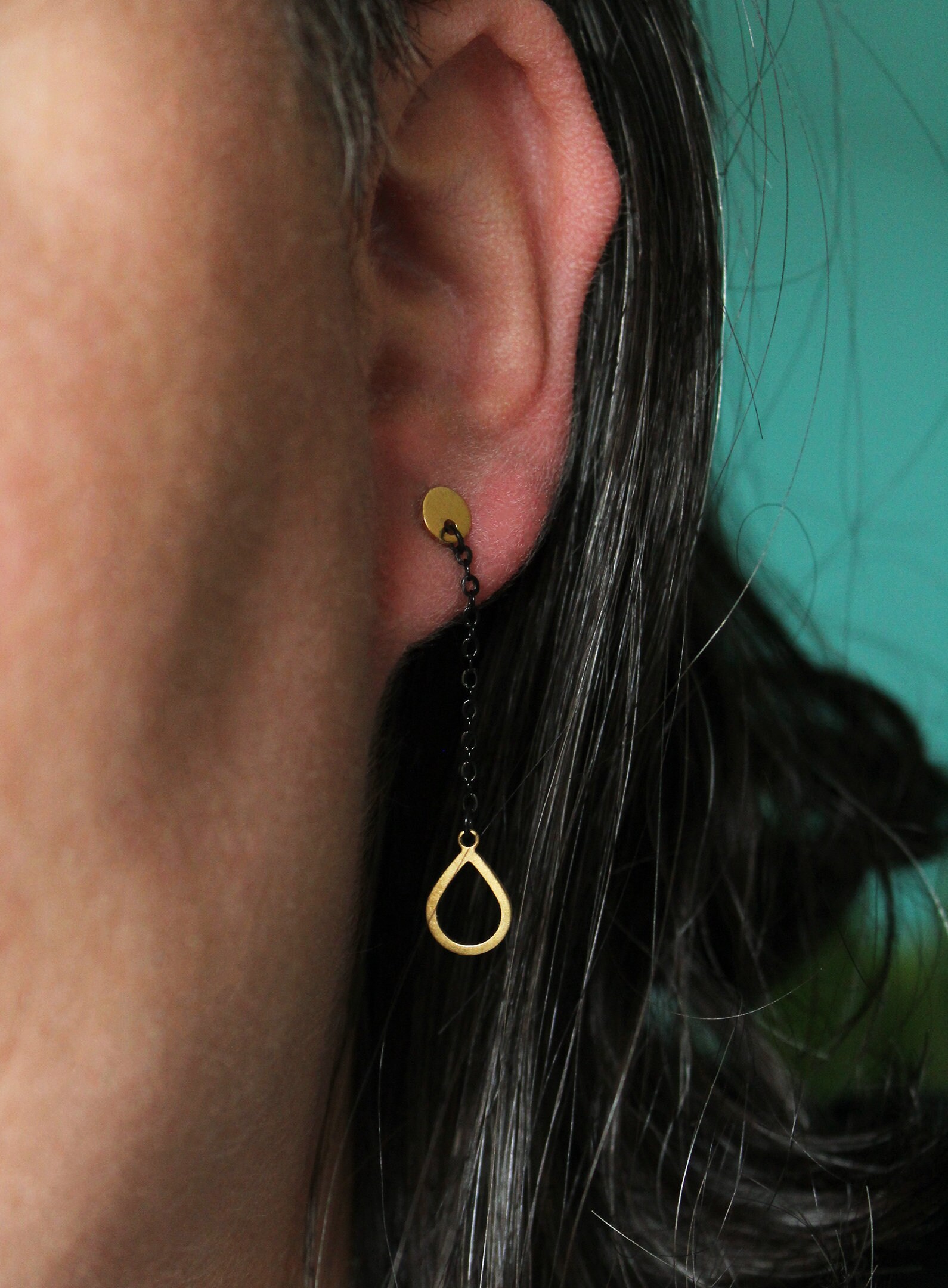 Black and Gold Teardrop Stud Earrings, Brass Asymmetrical