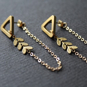 Front back earrings, double sided earring, geometric triangle studs, modern ear jacket, long gold chain unusual earrings, brass jewelry-Mara image 7