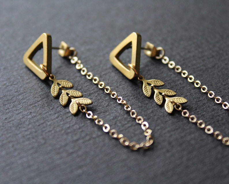 Front back earrings, double sided earring, geometric triangle studs, modern ear jacket, long gold chain unusual earrings, brass jewelry-Mara image 7