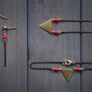 Gold triangle necklace, geometric necklaces for women, short pendant necklace red beads, arrow necklace black chain, brass jewelry Nerys N image 5