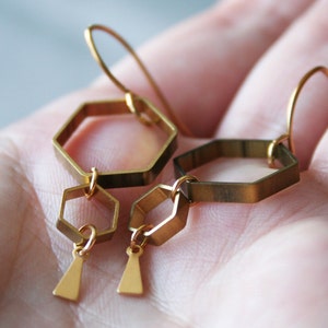 Hexagon earrings geometric earrings beekeeper gift for her honey comb earrings honey bee earrings nature lover gift hive gold brass Ruche image 5