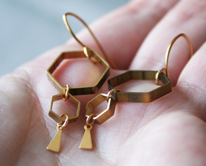 Hexagon earrings geometric earrings beekeeper gift for her honey comb earrings honey bee earrings nature lover gift hive gold brass Ruche image 5