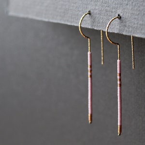 Modern beaded earrings, lilac long earrings, linear bar seed bead earrings for her, brass wire open hoop gold, light purple and bronze -Loop