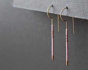 Modern beaded earrings, lilac long earrings, linear bar seed bead earrings for her, brass wire open hoop gold, light purple and bronze -Loop